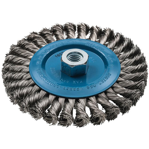 Wide Knotted Wire Wheel Brush, 6" Dia., 0.02" Fill, 5/8"-11 Arbor, Aluminum/Stainless Steel Quali-T-Solutions