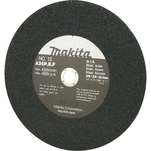 Meule abrasive pour scies &agrave; tronçonner et meuleuses dangle, 12" x 7/64", Arbre de 1", 4500 Tr/min Quali-T-Solutions