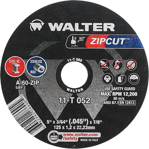Zipcut Cut-Off Wheel, 5" x 3/64", 7/8" Arbor, Type 1, Aluminum Oxide, 12200 RPM Quali-T-Solutions