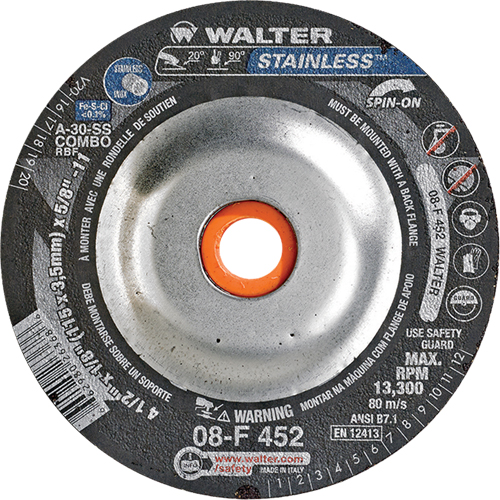 Depressed Centre Grinding Wheels - Stainless Type 27, 4-1/2" x 1/8", 5/8"-11 Arbor, Type 27S Quali-T-Solutions
