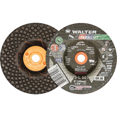 Meules &agrave; moyeu d&eacute;port&eacute; Flexcut, 5", 36 Grain, Oxyde d'aluminium, 5/8"-11, 12 200 Tr/min, Type 29 Quali-T-Solutions