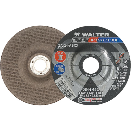 Depressed Centre Grinding Wheels - Allsteel XX, 4-1/2" x 1/8", 7/8" Arbor, Type 27, Zirconia Alumina, 13300 RPM Quali-T-Solutions