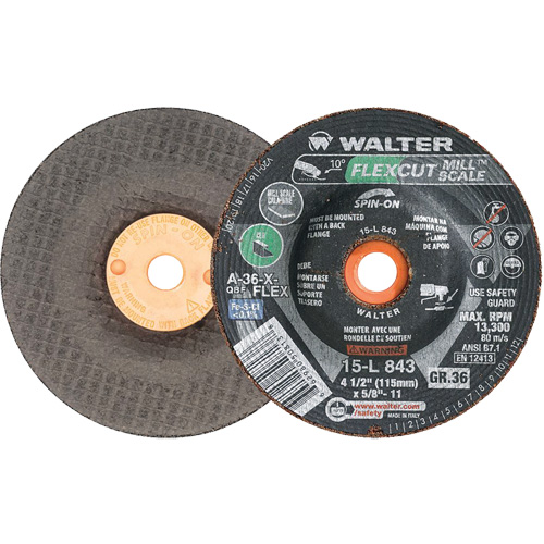 Meule FLEXCUT MILL SCALE, 4-1/2", 36 Grain, Oxyde d'aluminium, 5/8"-11, 13 300 Tr/min, Type 29 Quali-T-Solutions