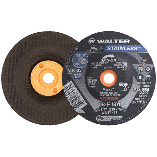 Meule STAINLESS, 5" x 1/4", Arbre 5/8"-11, Oxyde d'aluminium, Type 28S Quali-T-Solutions