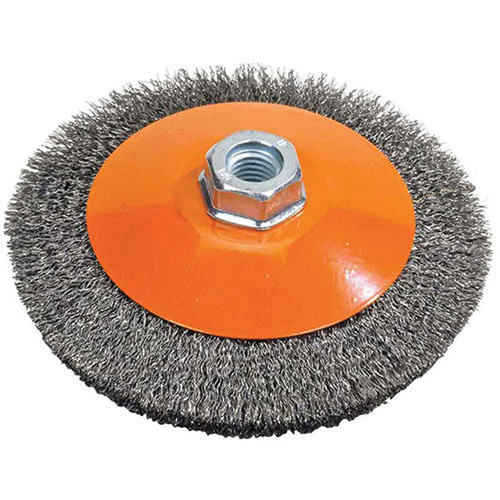 Meule soucoupe &agrave; fils cr&ecirc;p&eacute;s, 4" dia., Fils 0,012", Arbre 5/8"-11 Quali-T-Solutions