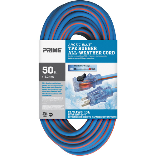Cordon rallonge verrouillable toute saison en caoutchouc TPE Arctic Blue, Toutes saisons, SJEOW, AWG 12/3, 15 A, 50' Quali-T-Solutions