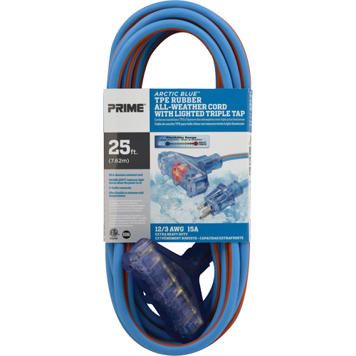 Cordons rallonges en caoutchouc TPE Arctic Blue, Toutes saisons, SJEOW, AWG 12/3, 15 A, 3 prise(s), 25' Quali-T-Solutions