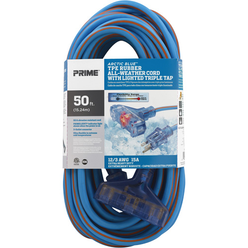 Cordons rallonges en caoutchouc TPE Arctic Blue, Toutes saisons, SJEOW, AWG 12/3, 15 A, 3 prise(s), 50' Quali-T-Solutions