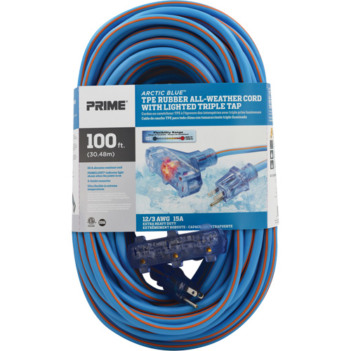 Cordons rallonges en caoutchouc TPE Arctic Blue, Toutes saisons, SJEOW, AWG 12/3, 15 A, 3 prise(s), 100' Quali-T-Solutions