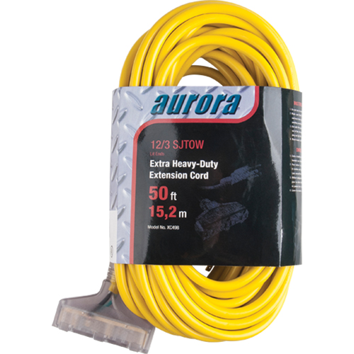 Vinyl Extension Cord with Light Indicator, Outdoor, SJTOW, 12/3 AWG, 15 A, 3 Outlet(s), 50' Quali-T-Solutions