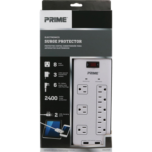 Limiteurs de surtension avec chargeur USB, 8 Prises, 2400 J, 1875 W, Cordon 6' Quali-T-Solutions