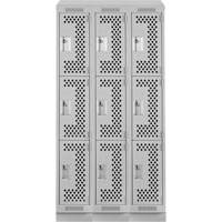 Clean Line Lockers, 3 -tier, Bank of 3, 36" x 15" x 82", Steel, Grey, Rivet (Assembled), Perforated Quali-T-Solutions