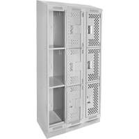 Clean Line Lockers, 3 -tier, Bank of 3, 36" x 15" x 82", Steel, Grey, Rivet (Assembled), Perforated Quali-T-Solutions