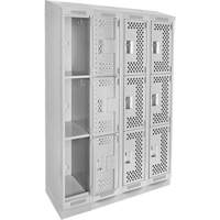 Clean Line Lockers, 3 -tier, Bank of 4, 48" x 15" x 82", Steel, Grey, Rivet (Assembled), Perforated Quali-T-Solutions