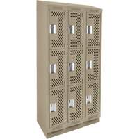 Clean Line Lockers, 3 -tier, Bank of 3, 36" x 15" x 82", Steel, Beige, Rivet (Assembled), Perforated Quali-T-Solutions