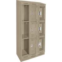Clean Line Lockers, 3 -tier, Bank of 3, 36" x 15" x 82", Steel, Beige, Rivet (Assembled), Perforated Quali-T-Solutions