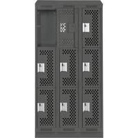 Clean Line Lockers, 3 -tier, Bank of 3, 36" x 15" x 82", Steel, Charcoal, Rivet (Assembled), Perforated Quali-T-Solutions