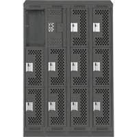 Clean Line Lockers, 3 -tier, Bank of 4, 48" x 15" x 82", Steel, Charcoal, Rivet (Assembled), Perforated Quali-T-Solutions