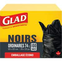 74L Garbage Bags, Regular, 26" W x 33" L, Black Quali-T-Solutions
