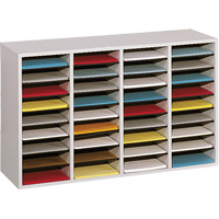 Adjustable Compartment Literature Organizer, Stationary, 36 Slots, Wood, 39-1/4" W x 11-3/4" D x 24" H Quali-T-Solutions