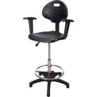 Tabouret ergonomique robuste avec accoudoirs r&eacute;glables, Stationnaire, Ajustable, 39" - 48", Polyur&eacute;thane Si&egrave;ge, Noir Quali-T-Solutions