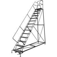 Safety Slope Rolling Ladder, 14 Steps, Perforated, 50° Incline, 140" High Quali-T-Solutions